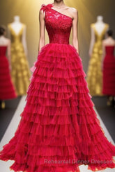 One Shoulder Lace and Tulle Tiered Ruffle Semi Formal Prom Dress